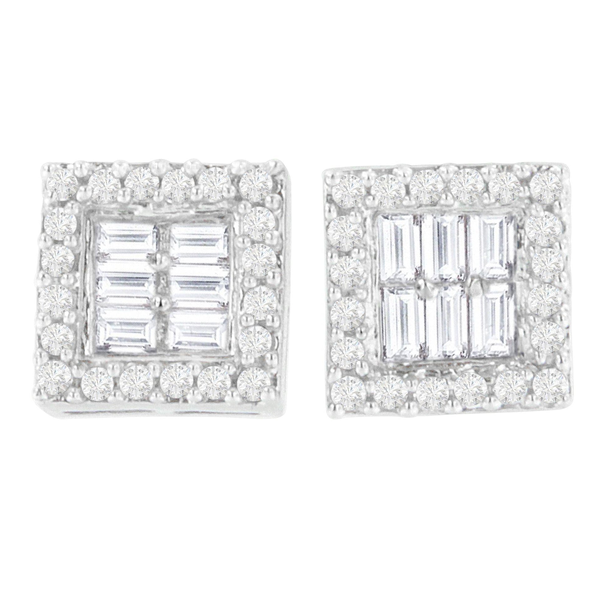 14K White Gold 1 cttw Round and Baguette Diamond Stud Earrings (H-I, SI1-SI2)-0
