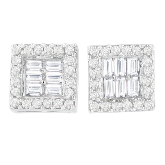14K White Gold 1 cttw Round and Baguette Diamond Stud Earrings (H-I, SI1-SI2)-0