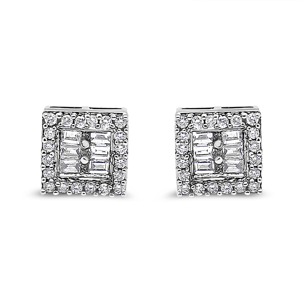 14K White Gold 1 cttw Round and Baguette Diamond Stud Earrings (H-I, SI1-SI2)-1