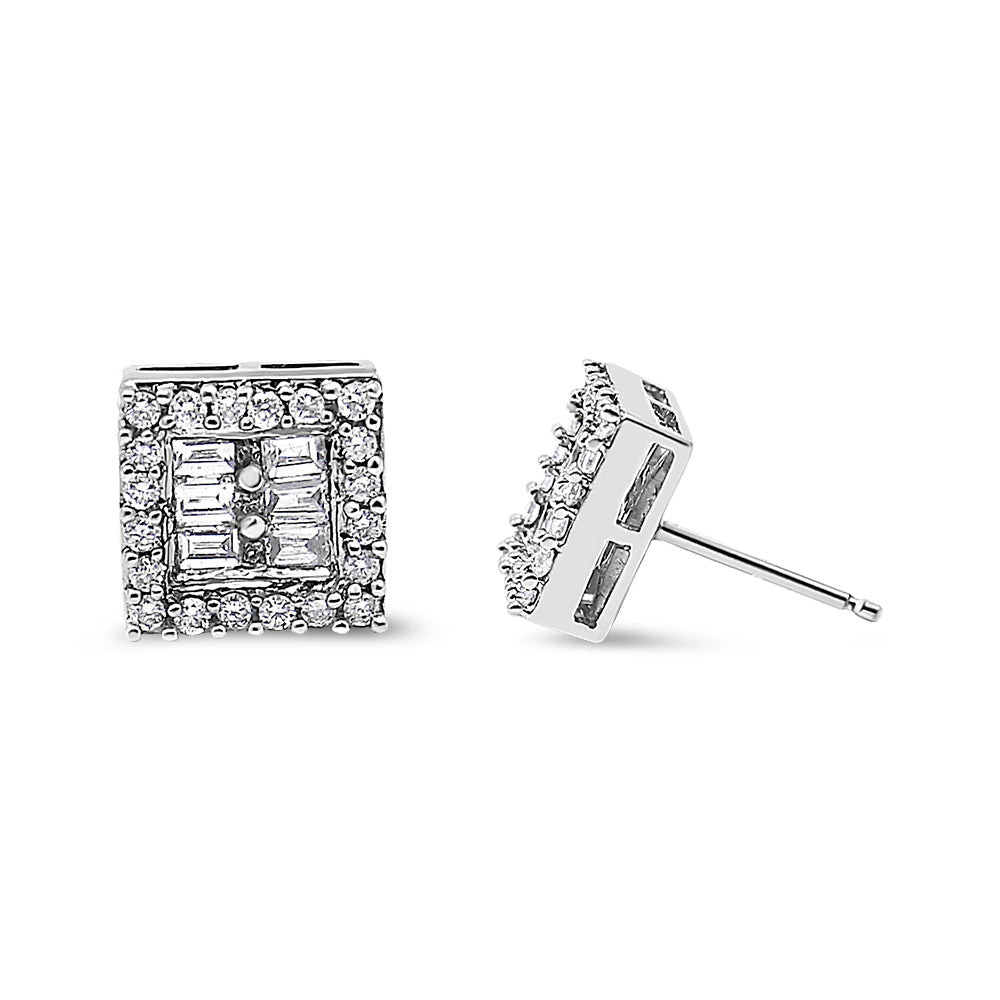 14K White Gold 1 cttw Round and Baguette Diamond Stud Earrings (H-I, SI1-SI2)-3