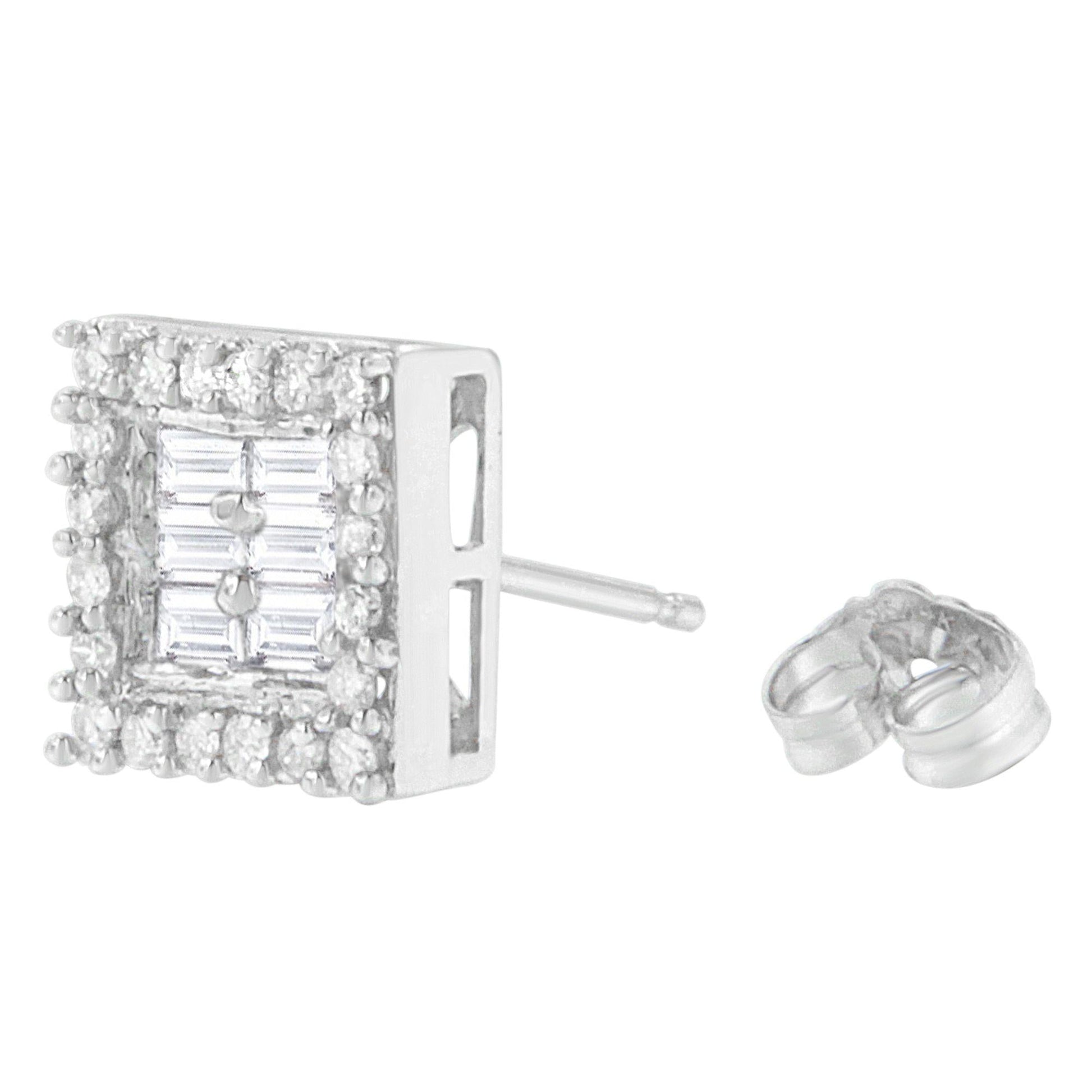 14K White Gold 1 cttw Round and Baguette Diamond Stud Earrings (H-I, SI1-SI2)-4