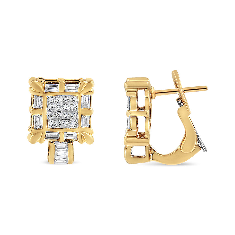 14K Yellow Gold 7/8 Cttw Princess and Baguette-Cut Diamond Square Framed Huggie Hoop Omega Earrings (H-I Color, SI1-SI2 Clarity)-3