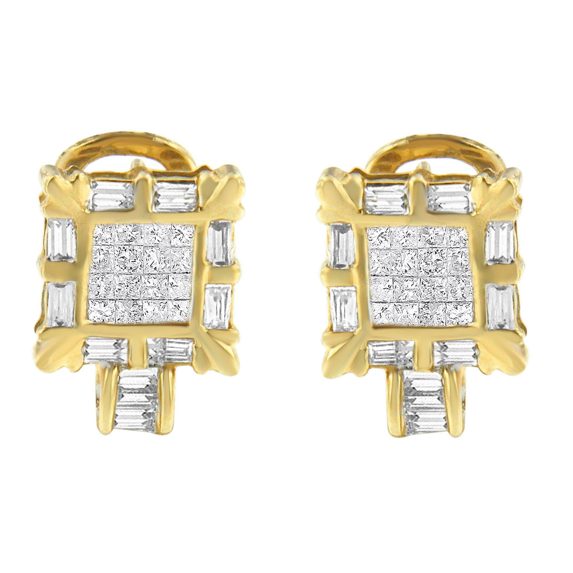 14K Yellow Gold 7/8 Cttw Princess and Baguette-Cut Diamond Square Framed Huggie Hoop Omega Earrings (H-I Color, SI1-SI2 Clarity)-4