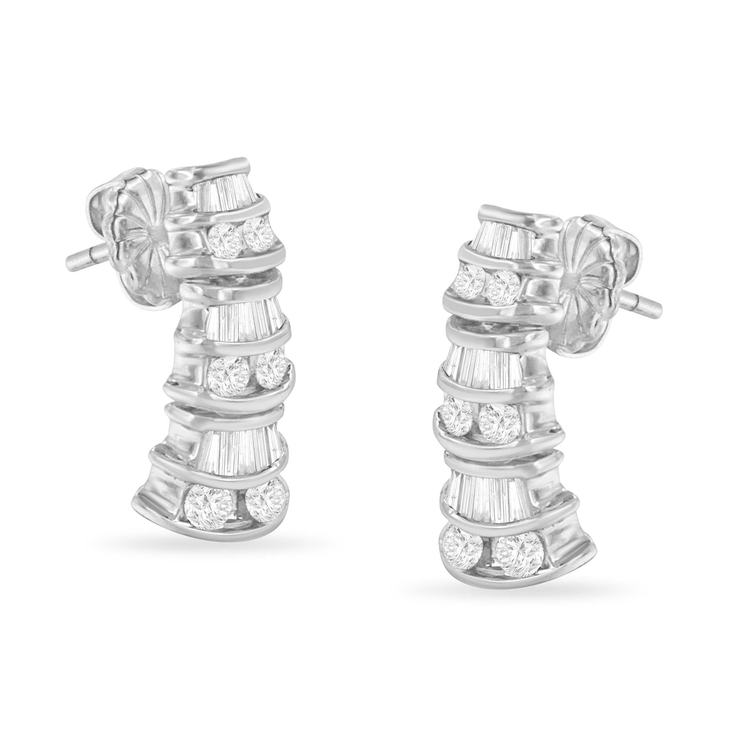 14KT White Gold 7/8 cttw Bagutte & Round Brilliant-Cut Diamond Dangle Multi Row Earrings (H-I, SI2-I1)-0