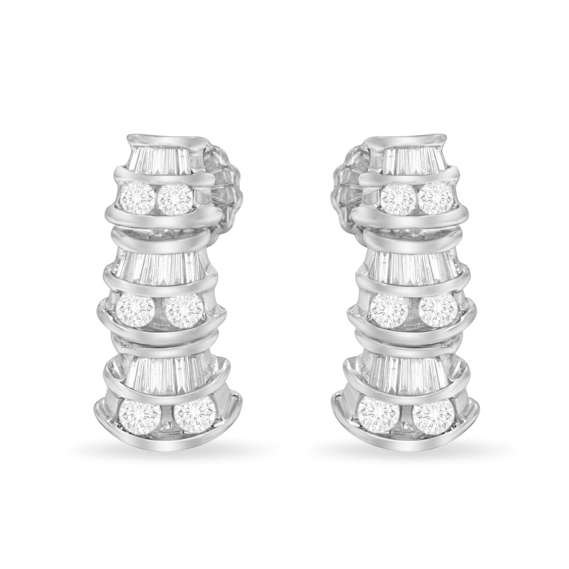 14KT White Gold 7/8 cttw Bagutte & Round Brilliant-Cut Diamond Dangle Multi Row Earrings (H-I, SI2-I1)-1