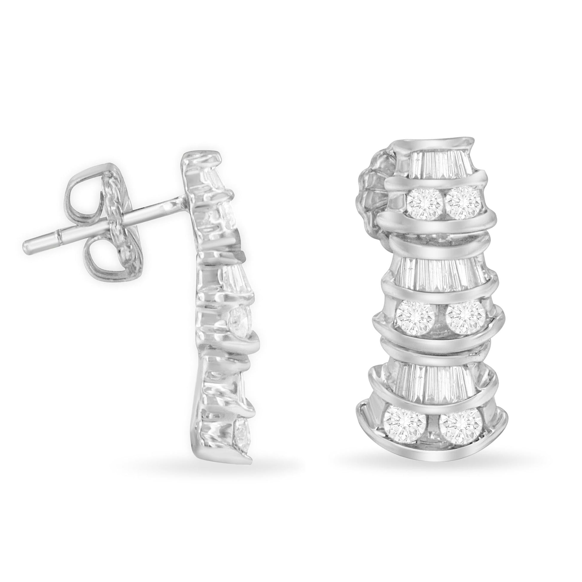 14KT White Gold 7/8 cttw Bagutte & Round Brilliant-Cut Diamond Dangle Multi Row Earrings (H-I, SI2-I1)-3
