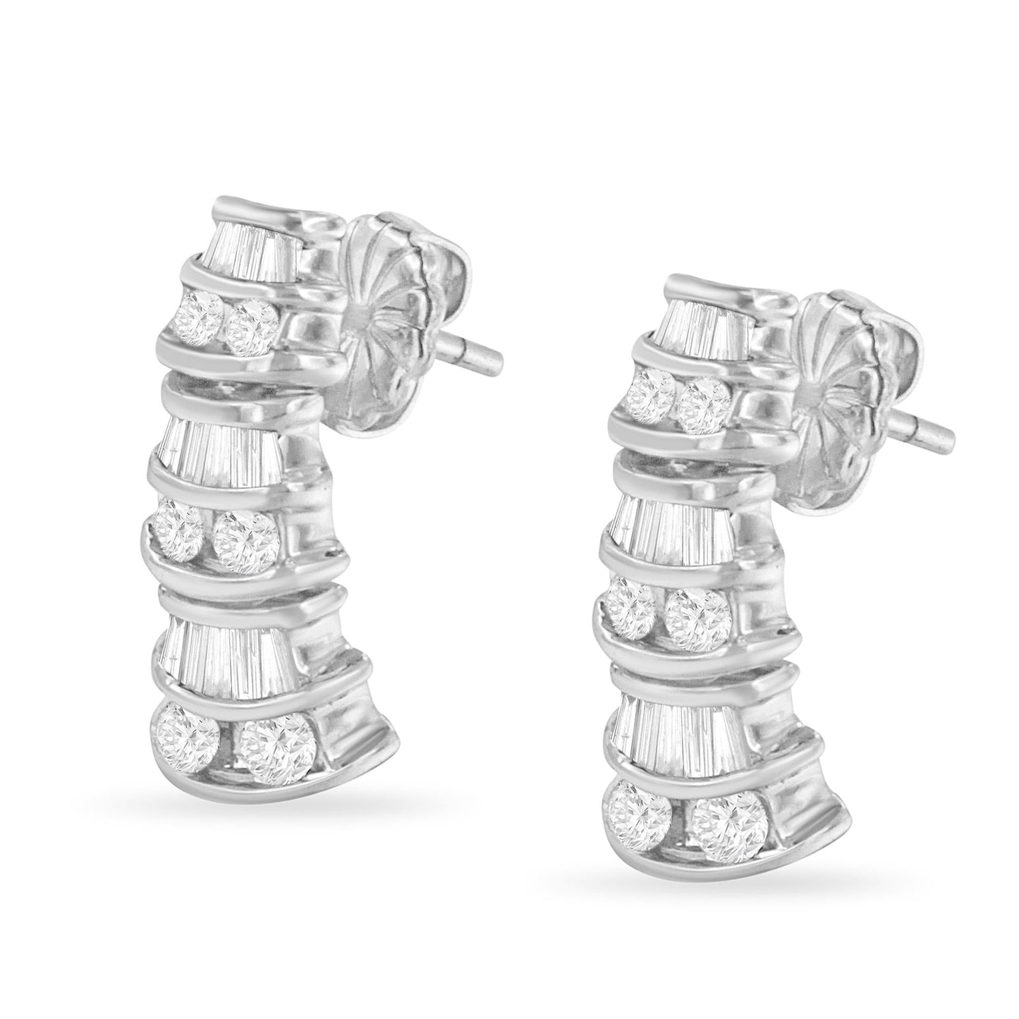 14KT White Gold 7/8 cttw Bagutte & Round Brilliant-Cut Diamond Dangle Multi Row Earrings (H-I, SI2-I1)-4
