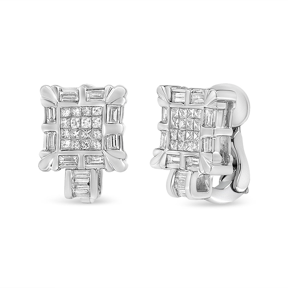 14K White Gold 1.0 Cttw Princess and Baguette-Cut Diamond Square Framed Huggie Hoop Omega Earrings (H-I Color, SI1-SI2 Clarity)-0