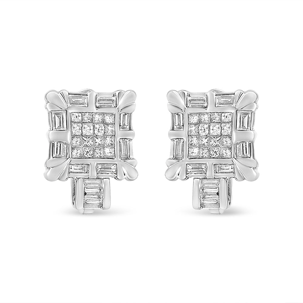14K White Gold 1.0 Cttw Princess and Baguette-Cut Diamond Square Framed Huggie Hoop Omega Earrings (H-I Color, SI1-SI2 Clarity)-1