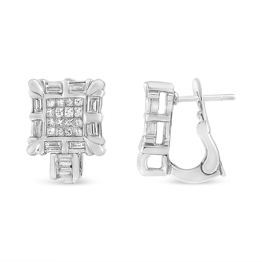 14K White Gold 1.0 Cttw Princess and Baguette-Cut Diamond Square Framed Huggie Hoop Omega Earrings (H-I Color, SI1-SI2 Clarity)-3