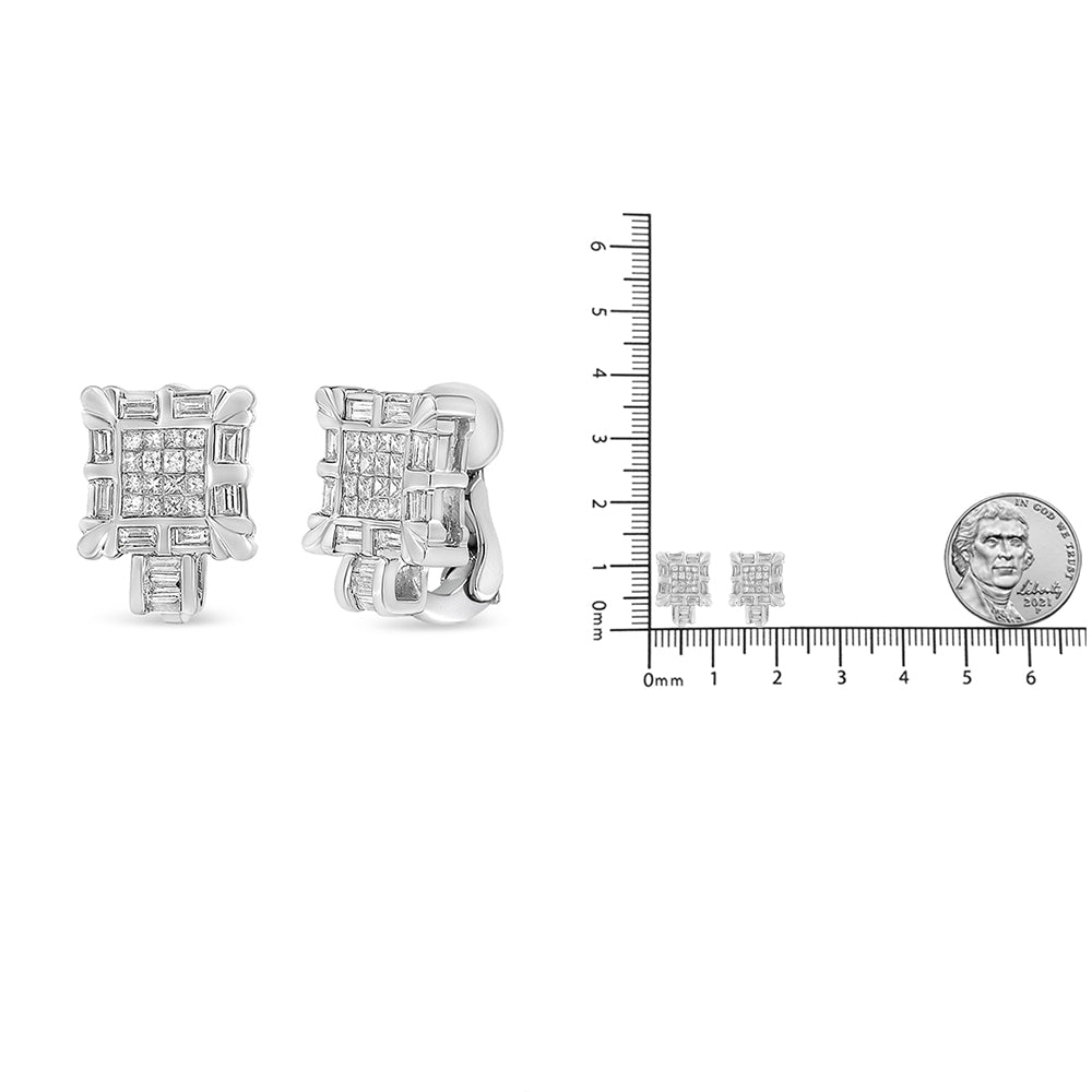 14K White Gold 1.0 Cttw Princess and Baguette-Cut Diamond Square Framed Huggie Hoop Omega Earrings (H-I Color, SI1-SI2 Clarity)-4