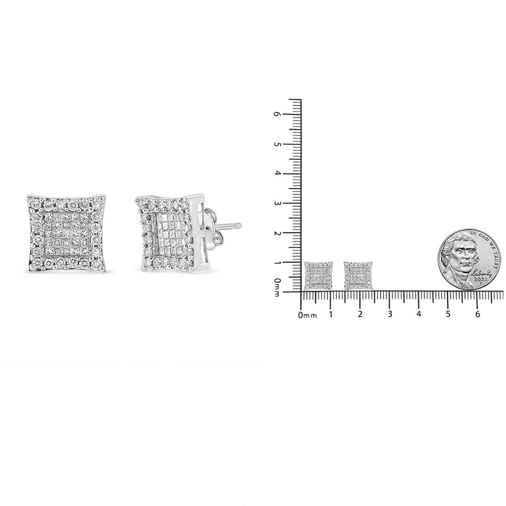 18K White Gold 1.00 Cttw Round and Princess-Cut Diamond Halo Square Stud Earring (G-H Color, SI1-SI2 Clarity)-4
