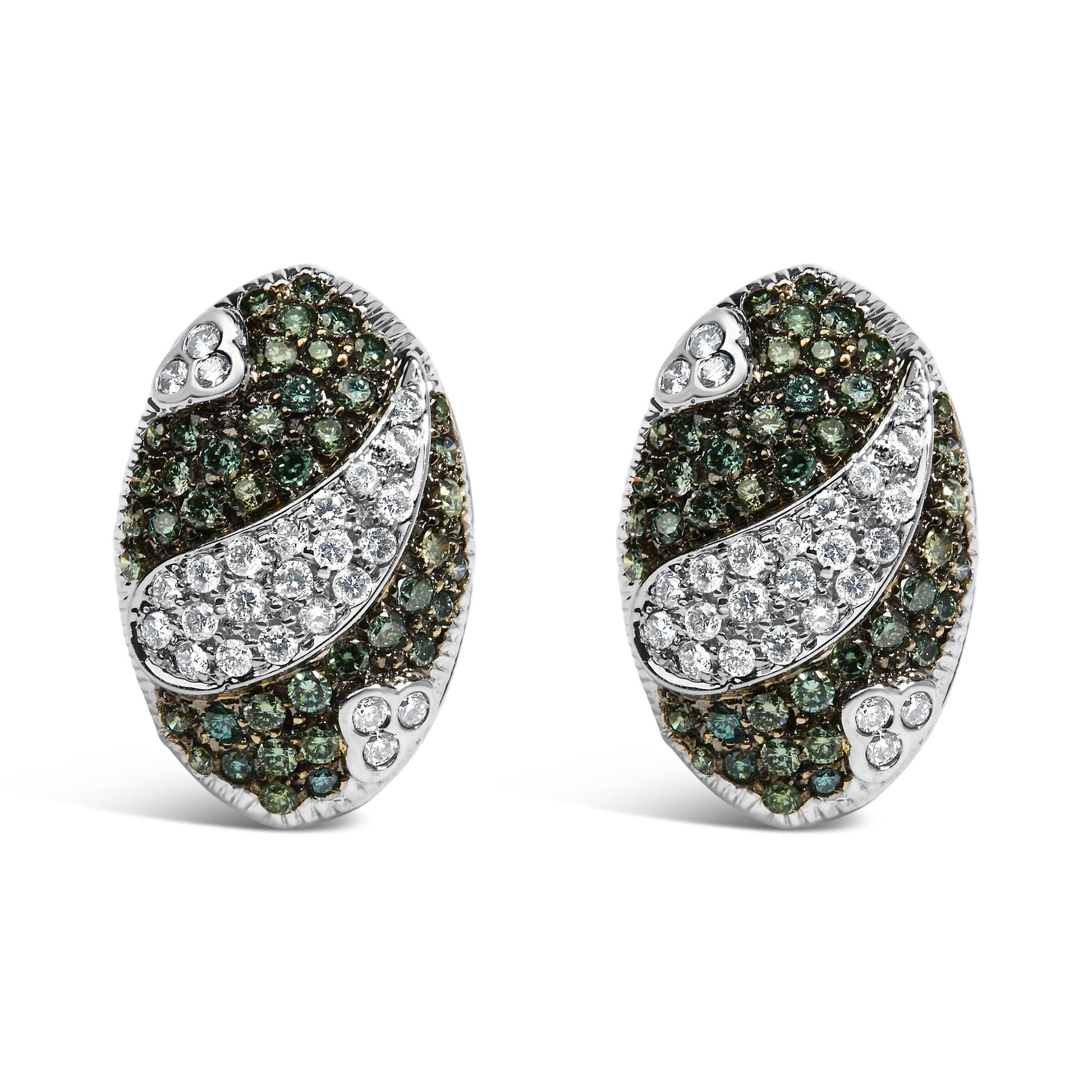 14K White Gold 2.00 Cttw White and Treated Blue Diamond Oval Shield Omega Back Earrings (H-I Color, SI1-SI2 Clarity)-0