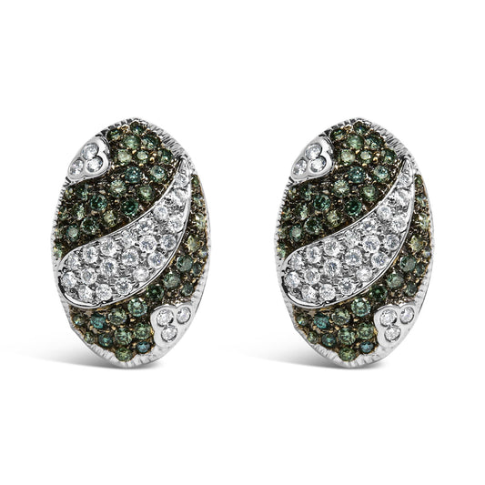 14K White Gold 2.00 Cttw White and Treated Blue Diamond Oval Shield Omega Back Earrings (H-I Color, SI1-SI2 Clarity)-0