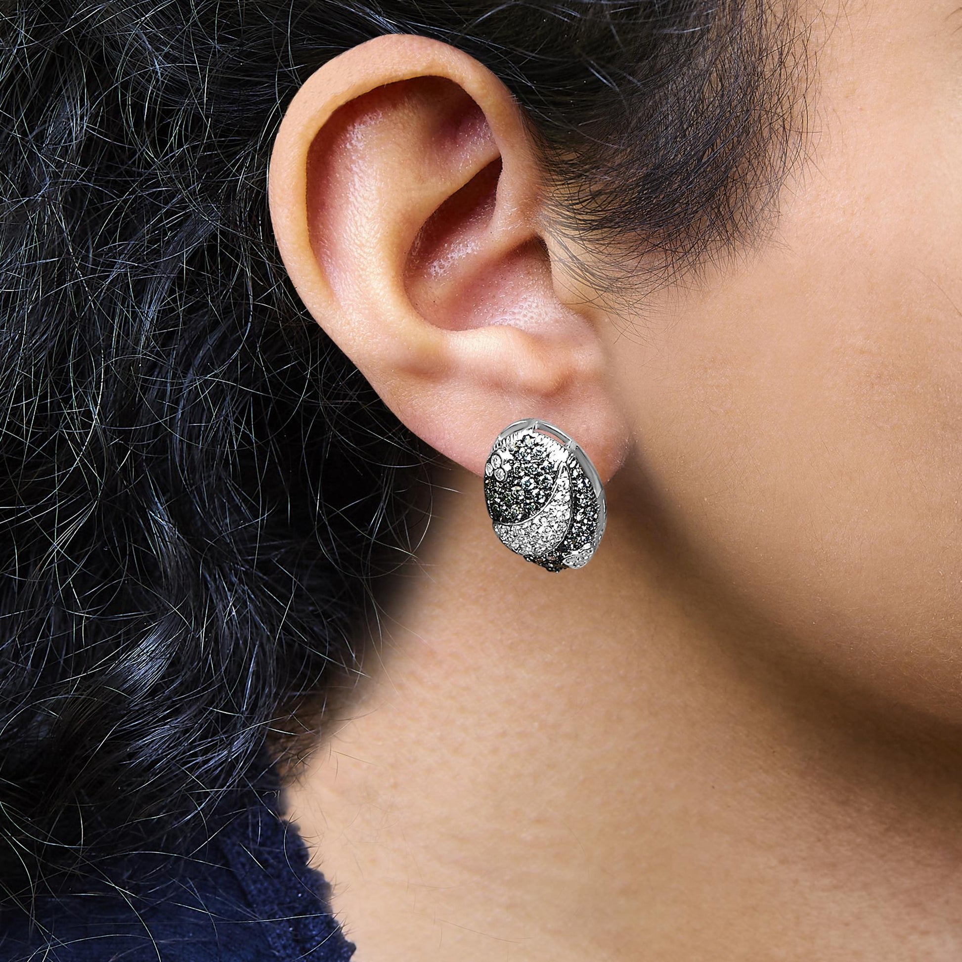 14K White Gold 2.00 Cttw White and Treated Blue Diamond Oval Shield Omega Back Earrings (H-I Color, SI1-SI2 Clarity)-2
