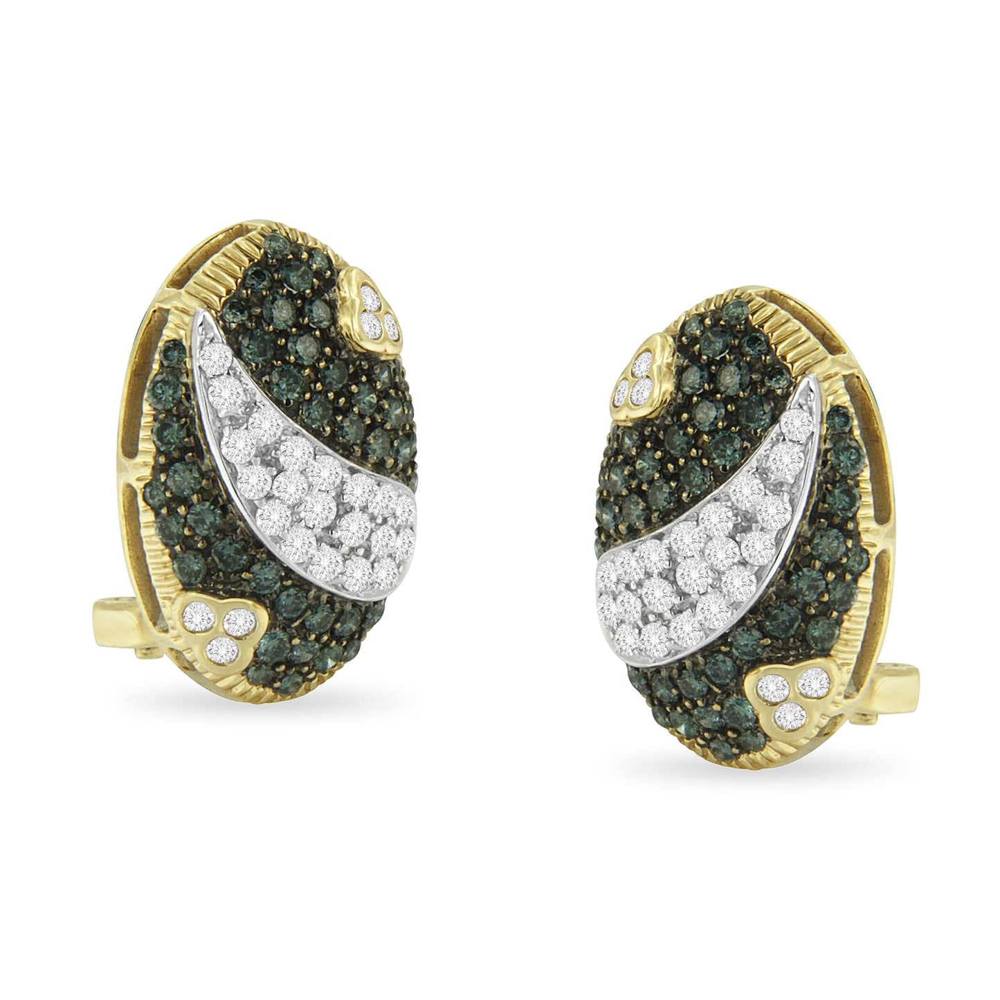 Black and White Rhodium over 14K Yellow Gold 2-1/10 Cttw White and Blue Diamond Oval Omega Back Stud Earrings (H-I and Blue Color, SI1-SI2 Clarity)-0