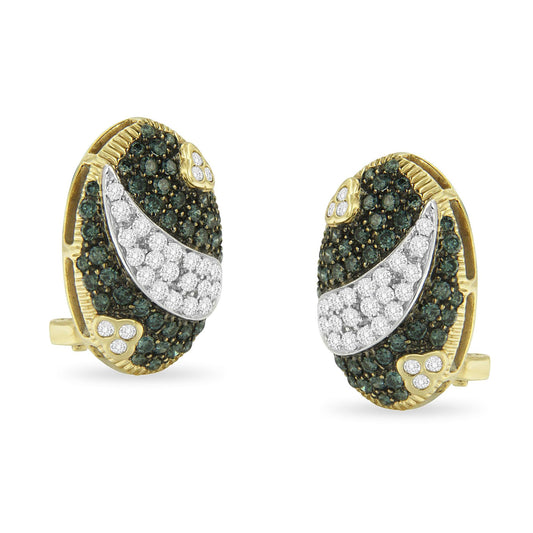 Black and White Rhodium over 14K Yellow Gold 2-1/10 Cttw White and Blue Diamond Oval Omega Back Stud Earrings (H-I and Blue Color, SI1-SI2 Clarity)-0