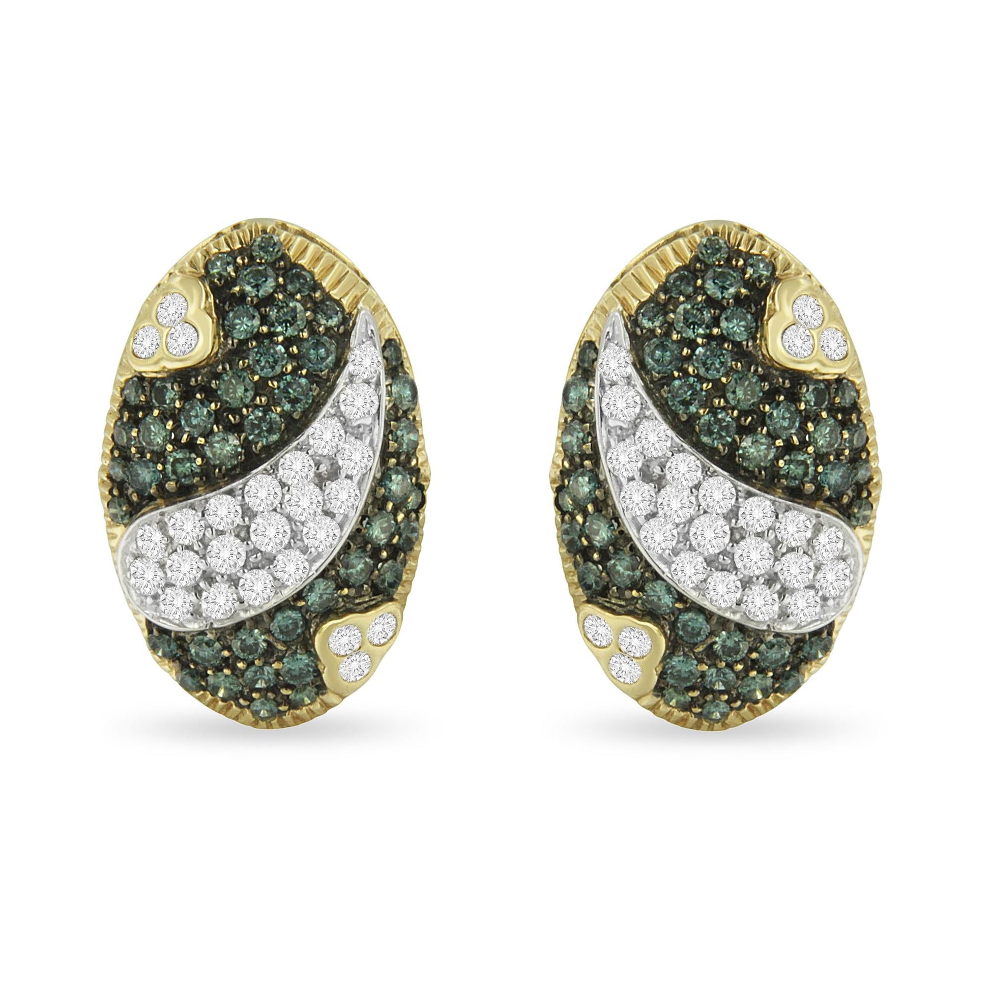 Black and White Rhodium over 14K Yellow Gold 2-1/10 Cttw White and Blue Diamond Oval Omega Back Stud Earrings (H-I and Blue Color, SI1-SI2 Clarity)-1