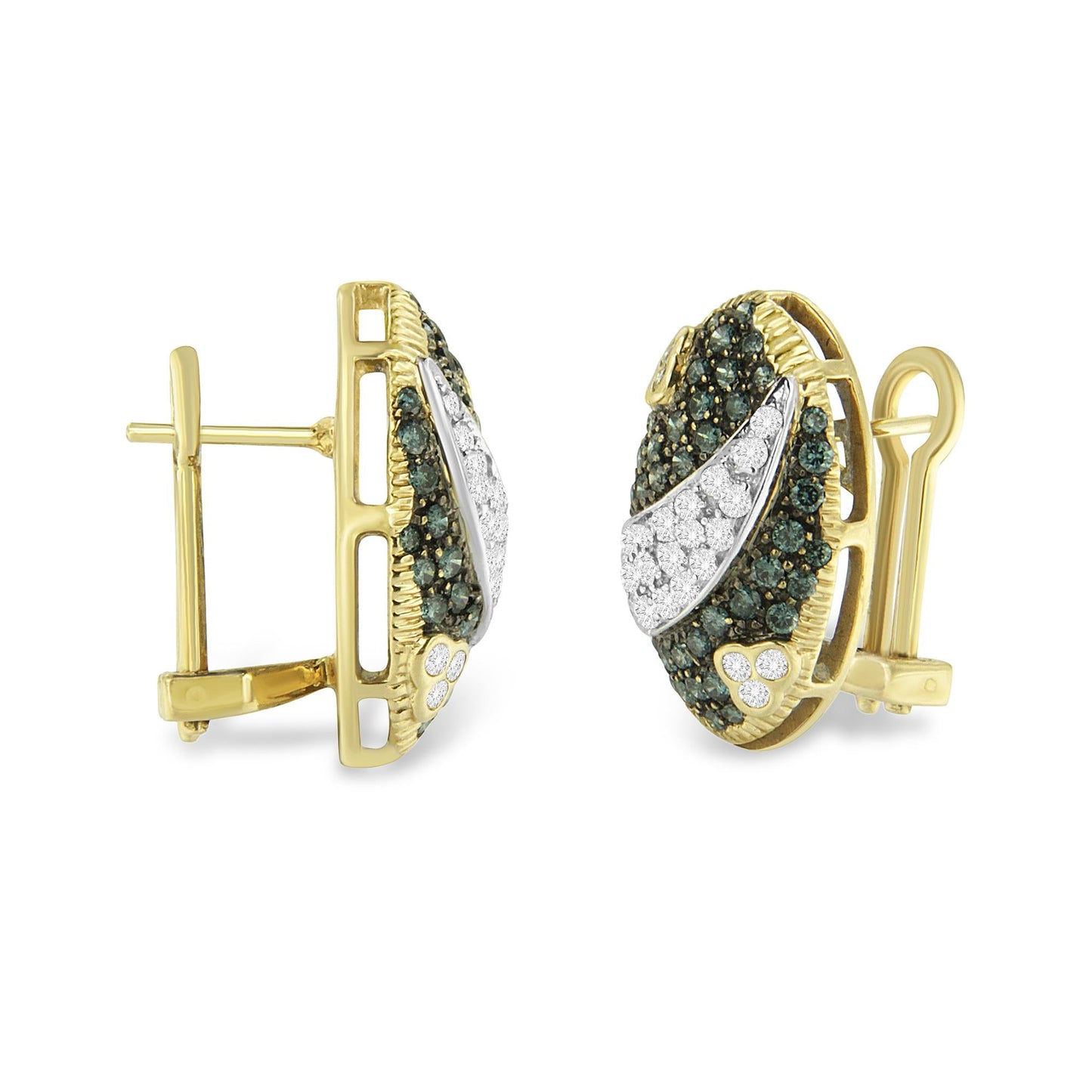 Black and White Rhodium over 14K Yellow Gold 2-1/10 Cttw White and Blue Diamond Oval Omega Back Stud Earrings (H-I and Blue Color, SI1-SI2 Clarity)-3