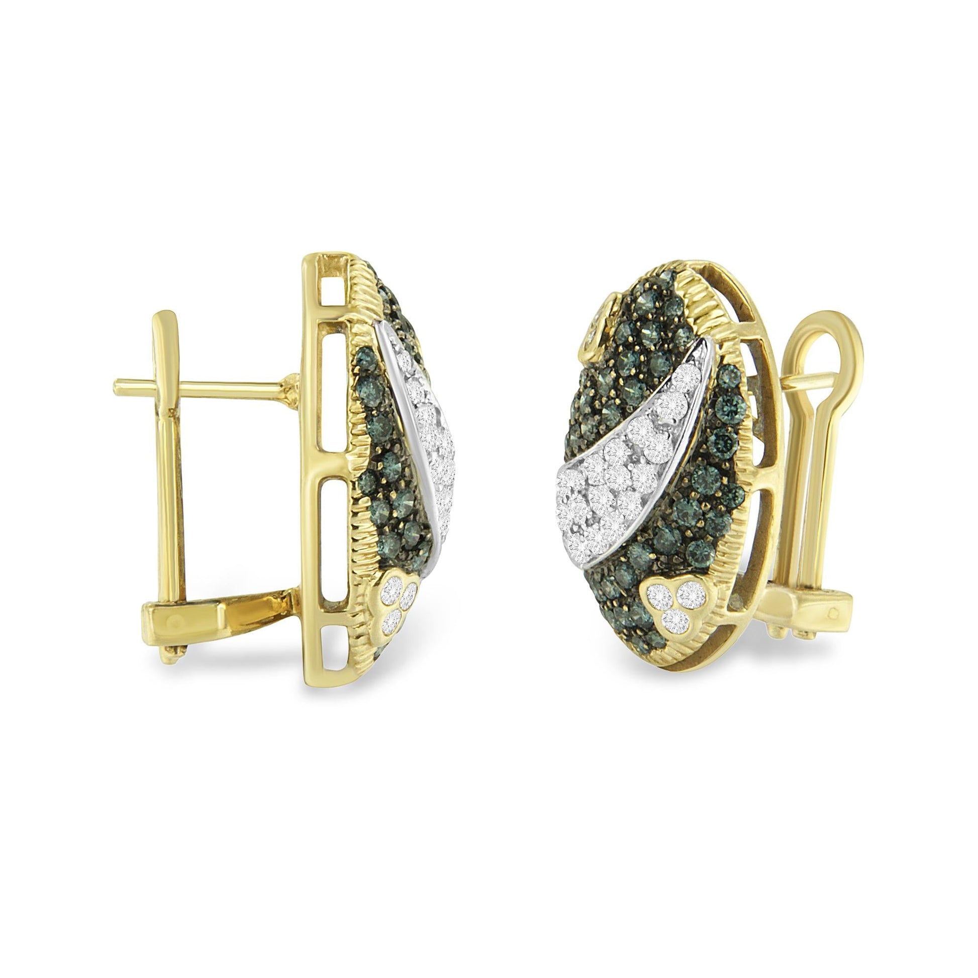 Black and White Rhodium over 14K Yellow Gold 2-1/10 Cttw White and Blue Diamond Oval Omega Back Stud Earrings (H-I and Blue Color, SI1-SI2 Clarity)-3