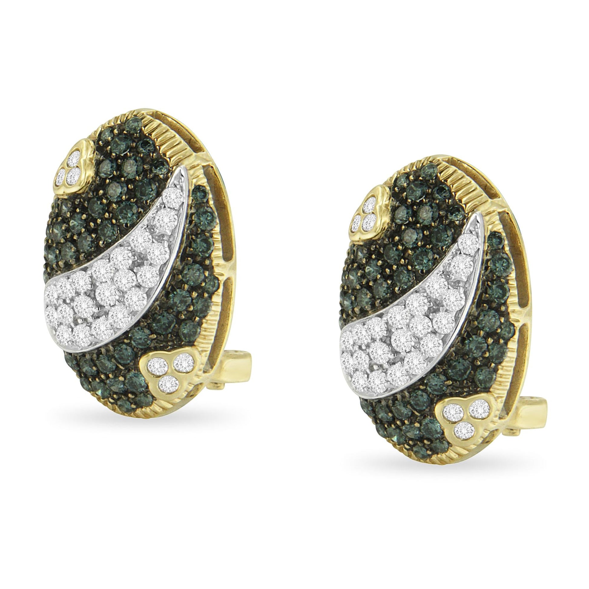 Black and White Rhodium over 14K Yellow Gold 2-1/10 Cttw White and Blue Diamond Oval Omega Back Stud Earrings (H-I and Blue Color, SI1-SI2 Clarity)-4