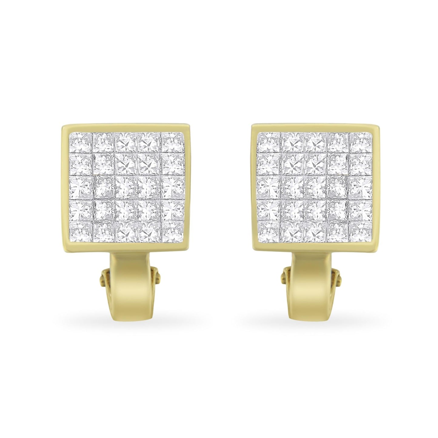 14K Yellow Gold 3-1/5 Cttw Princess Cut Diamond ¾ Square Invisible Set Grid Huggy Style Omega Back Stud Earrings (G-H Color, VS1-VS2 Clarity)-0