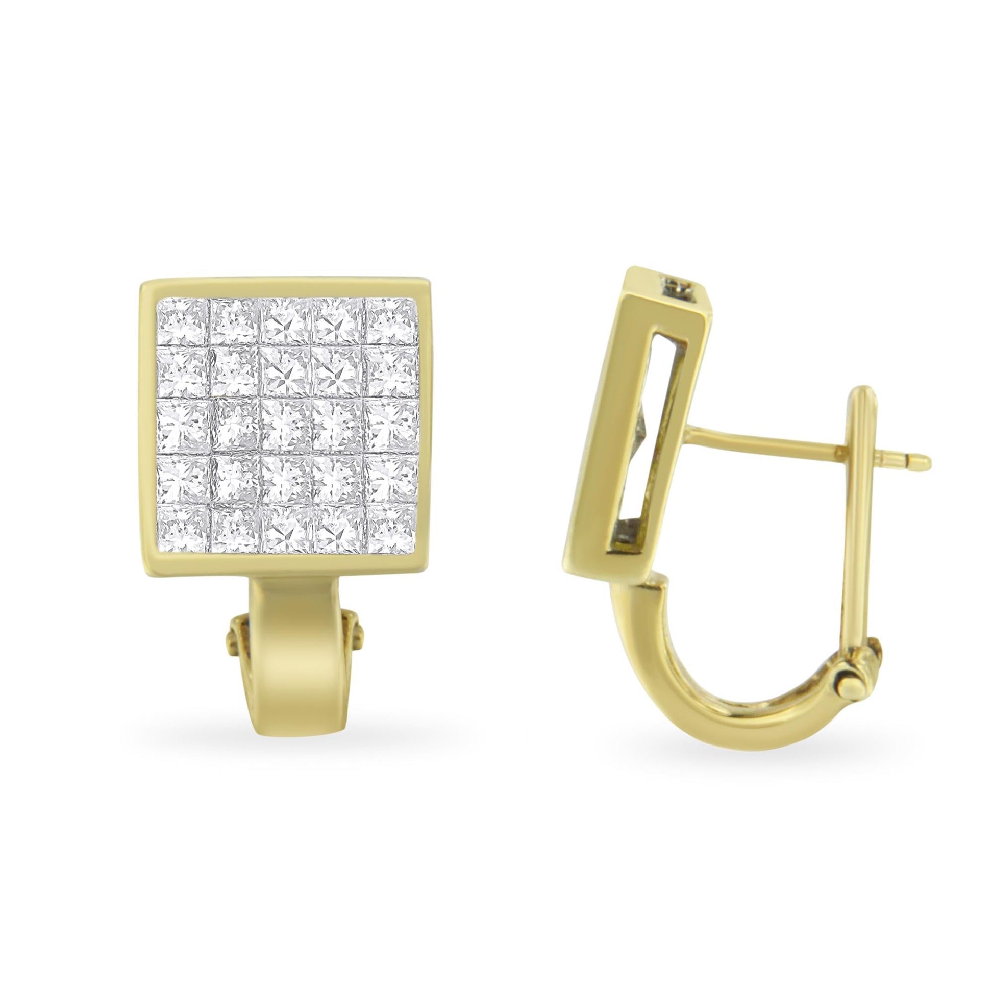 14K Yellow Gold 3-1/5 Cttw Princess Cut Diamond ¾ Square Invisible Set Grid Huggy Style Omega Back Stud Earrings (G-H Color, VS1-VS2 Clarity)-1