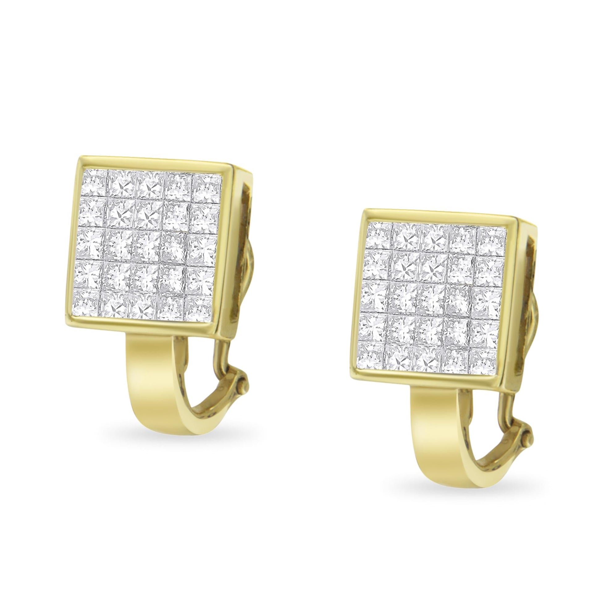 14K Yellow Gold 3-1/5 Cttw Princess Cut Diamond ¾ Square Invisible Set Grid Huggy Style Omega Back Stud Earrings (G-H Color, VS1-VS2 Clarity)-4