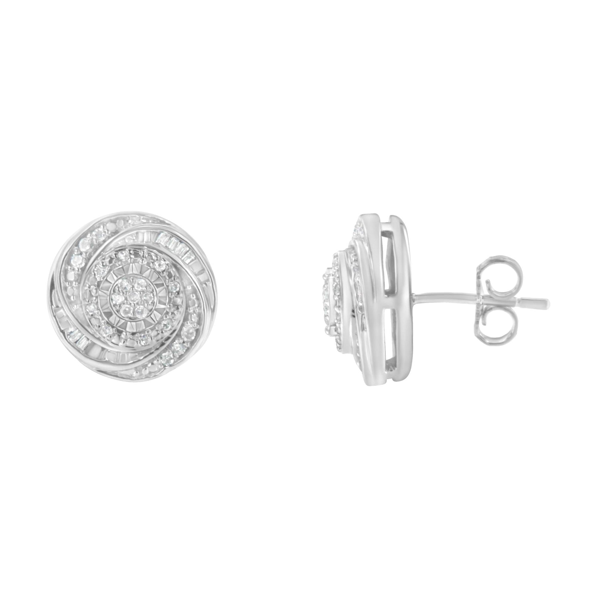 .925 Sterling Silver 1/4 Cttw Baguette and Round Diamond Swirl Love Knot Stud Earrings (I-J Color, I3 Clarity)-1