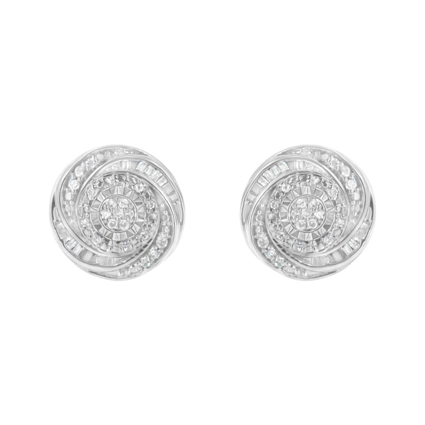 .925 Sterling Silver 1/4 Cttw Baguette and Round Diamond Swirl Love Knot Stud Earrings (I-J Color, I3 Clarity)-3