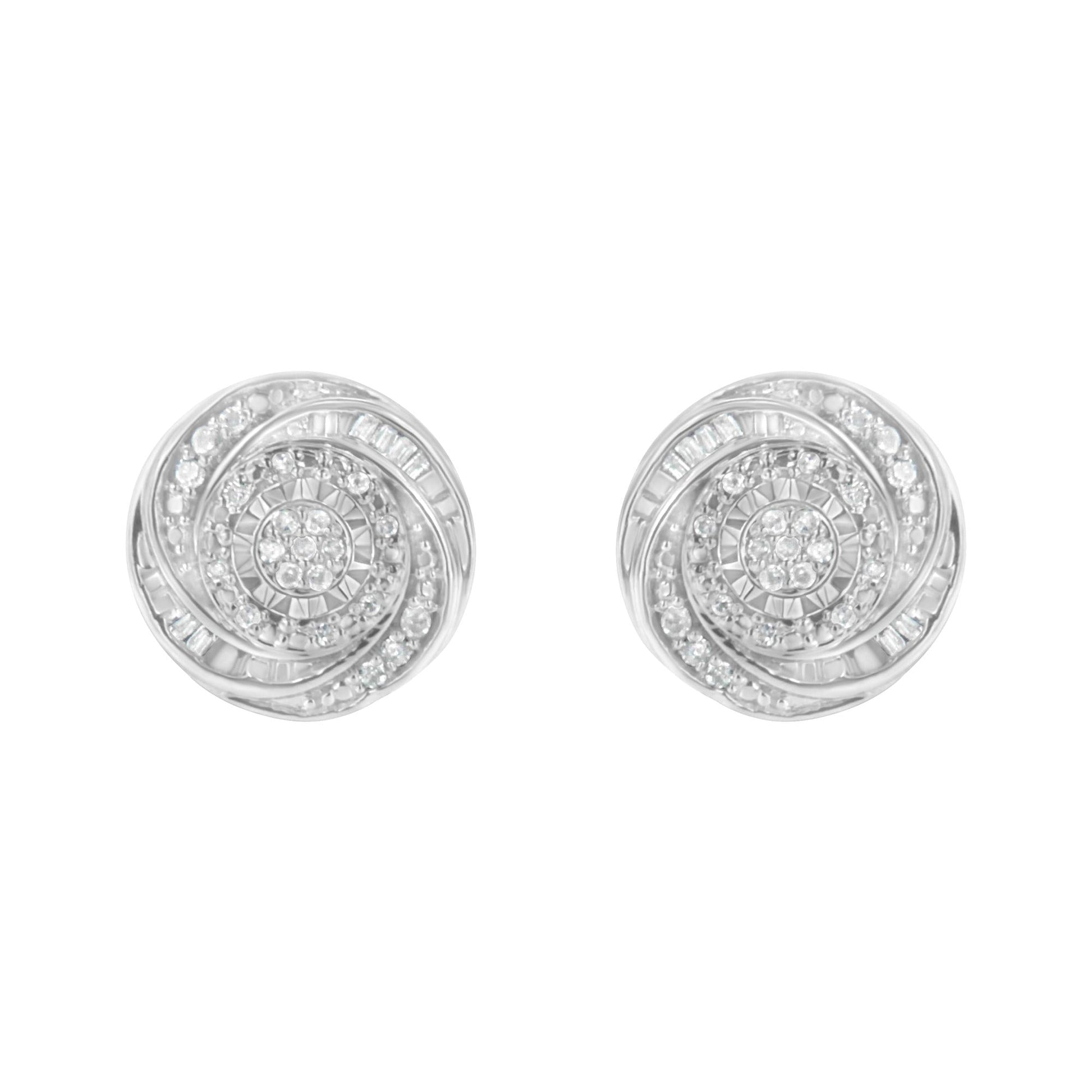 .925 Sterling Silver 1/4 Cttw Baguette and Round Diamond Swirl Love Knot Stud Earrings (I-J Color, I3 Clarity)-3