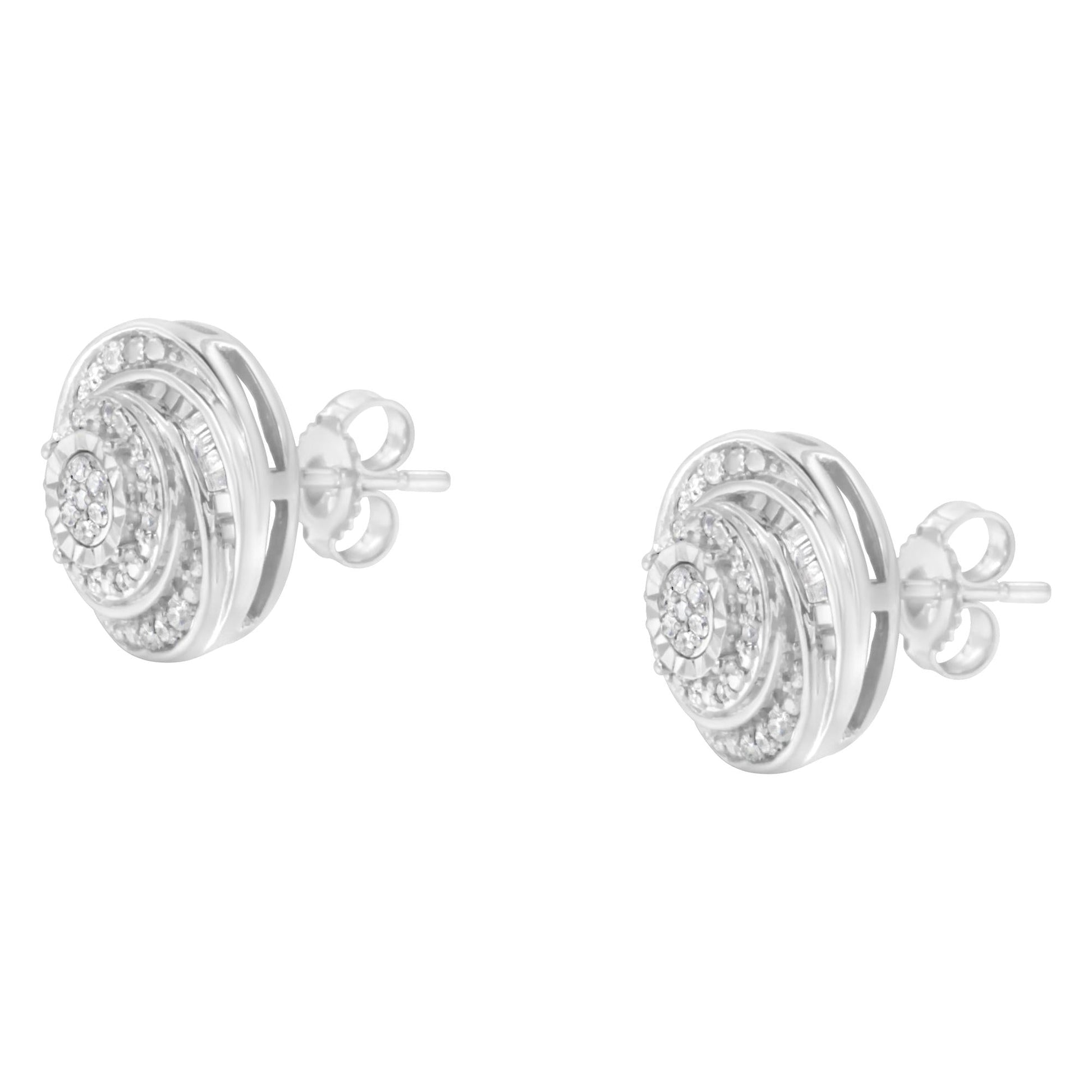 .925 Sterling Silver 1/4 Cttw Baguette and Round Diamond Swirl Love Knot Stud Earrings (I-J Color, I3 Clarity)-4