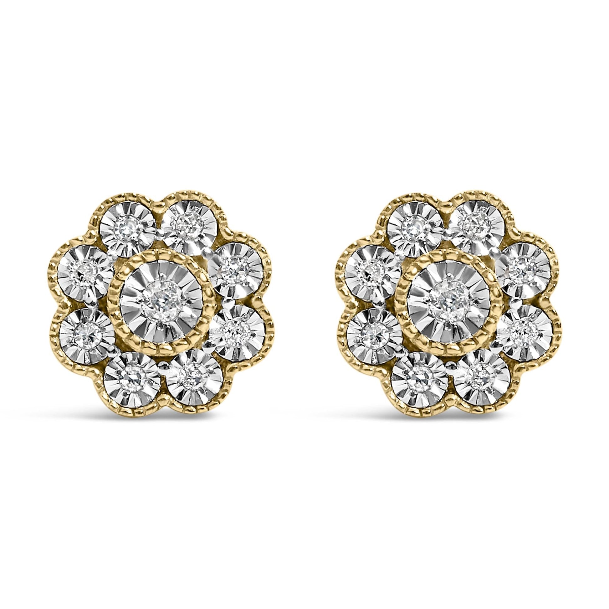 14K Yellow Gold Plated .925 Sterling Silver 1/6 Cttw Miracle-Plate Set Diamond Floral Stud Earrings (I-J Color, I2-I3 Clarity)-0