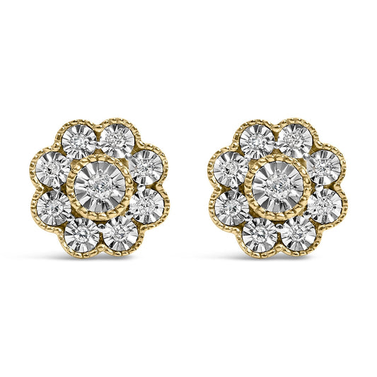 14K Yellow Gold Plated .925 Sterling Silver 1/6 Cttw Miracle-Plate Set Diamond Floral Stud Earrings (I-J Color, I2-I3 Clarity)-0