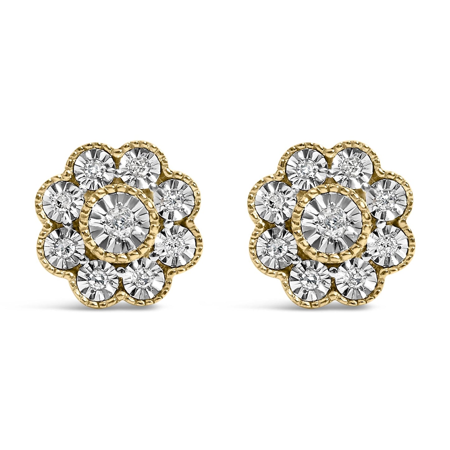 14K Yellow Gold Plated .925 Sterling Silver 1/6 Cttw Miracle-Plate Set Diamond Floral Stud Earrings (I-J Color, I2-I3 Clarity)-0