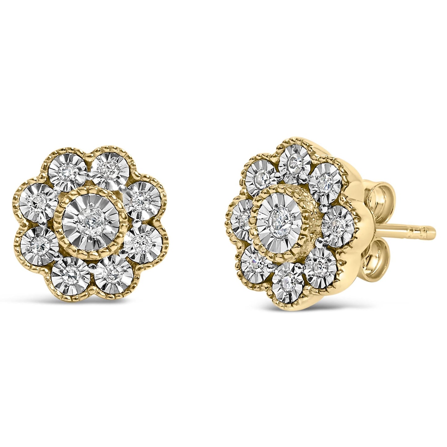 14K Yellow Gold Plated .925 Sterling Silver 1/6 Cttw Miracle-Plate Set Diamond Floral Stud Earrings (I-J Color, I2-I3 Clarity)-1