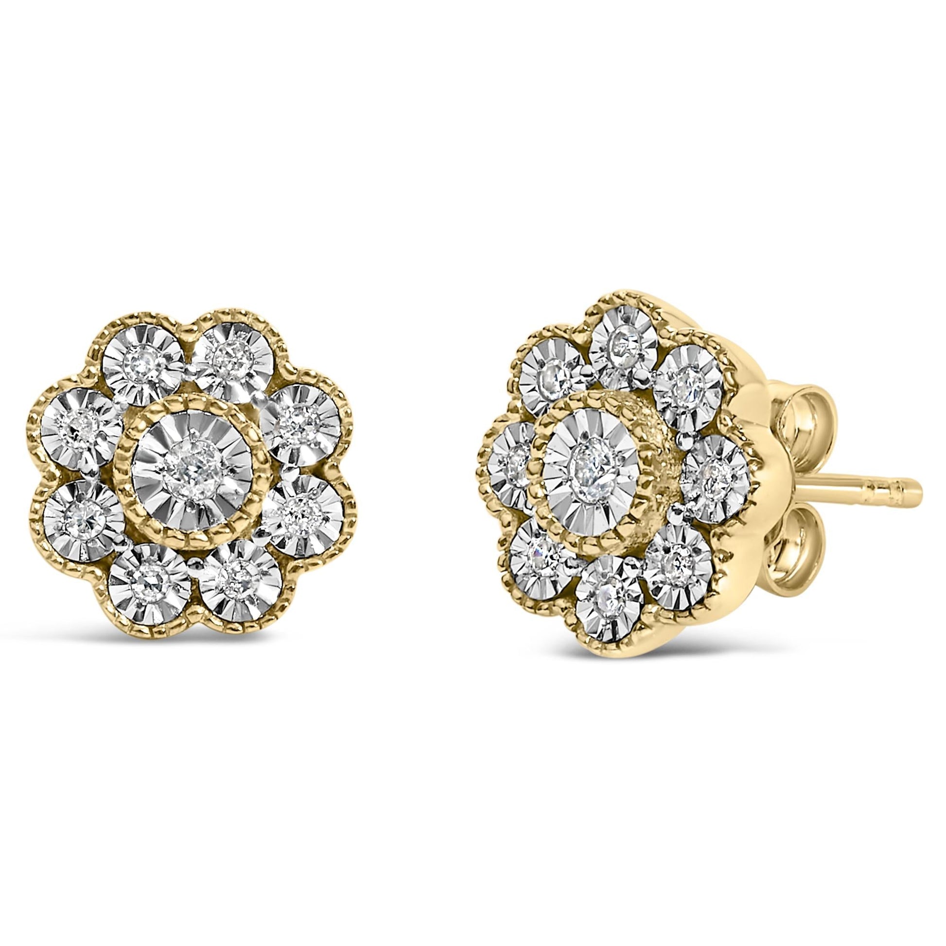 14K Yellow Gold Plated .925 Sterling Silver 1/6 Cttw Miracle-Plate Set Diamond Floral Stud Earrings (I-J Color, I2-I3 Clarity)-1