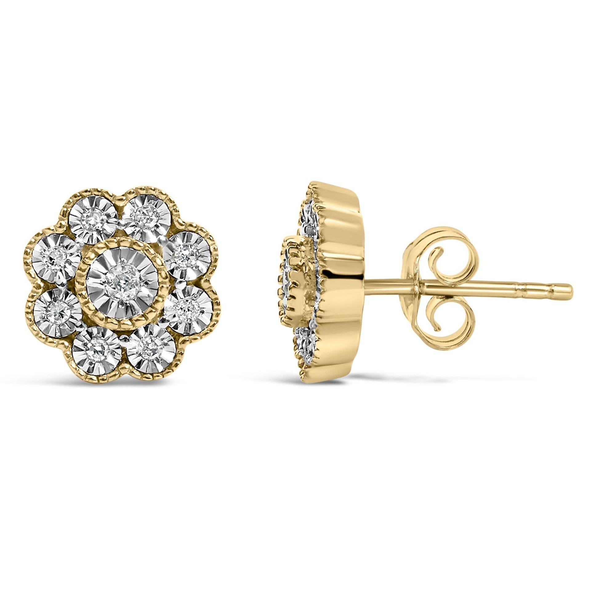 14K Yellow Gold Plated .925 Sterling Silver 1/6 Cttw Miracle-Plate Set Diamond Floral Stud Earrings (I-J Color, I2-I3 Clarity)-3