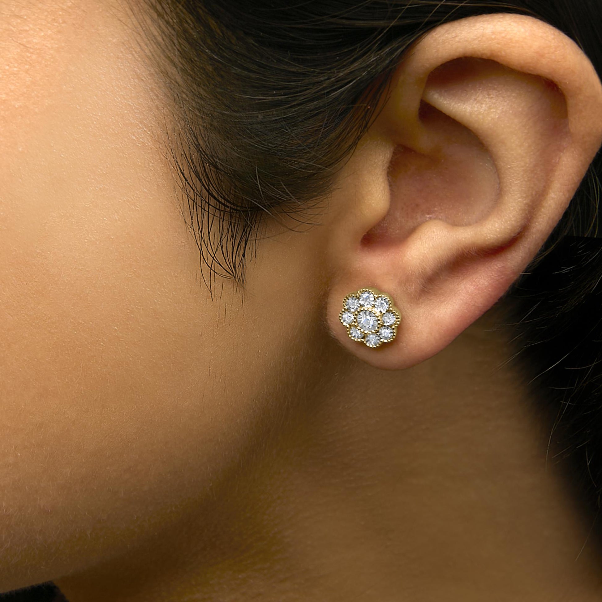 14K Yellow Gold Plated .925 Sterling Silver 1/6 Cttw Miracle-Plate Set Diamond Floral Stud Earrings (I-J Color, I2-I3 Clarity)-2