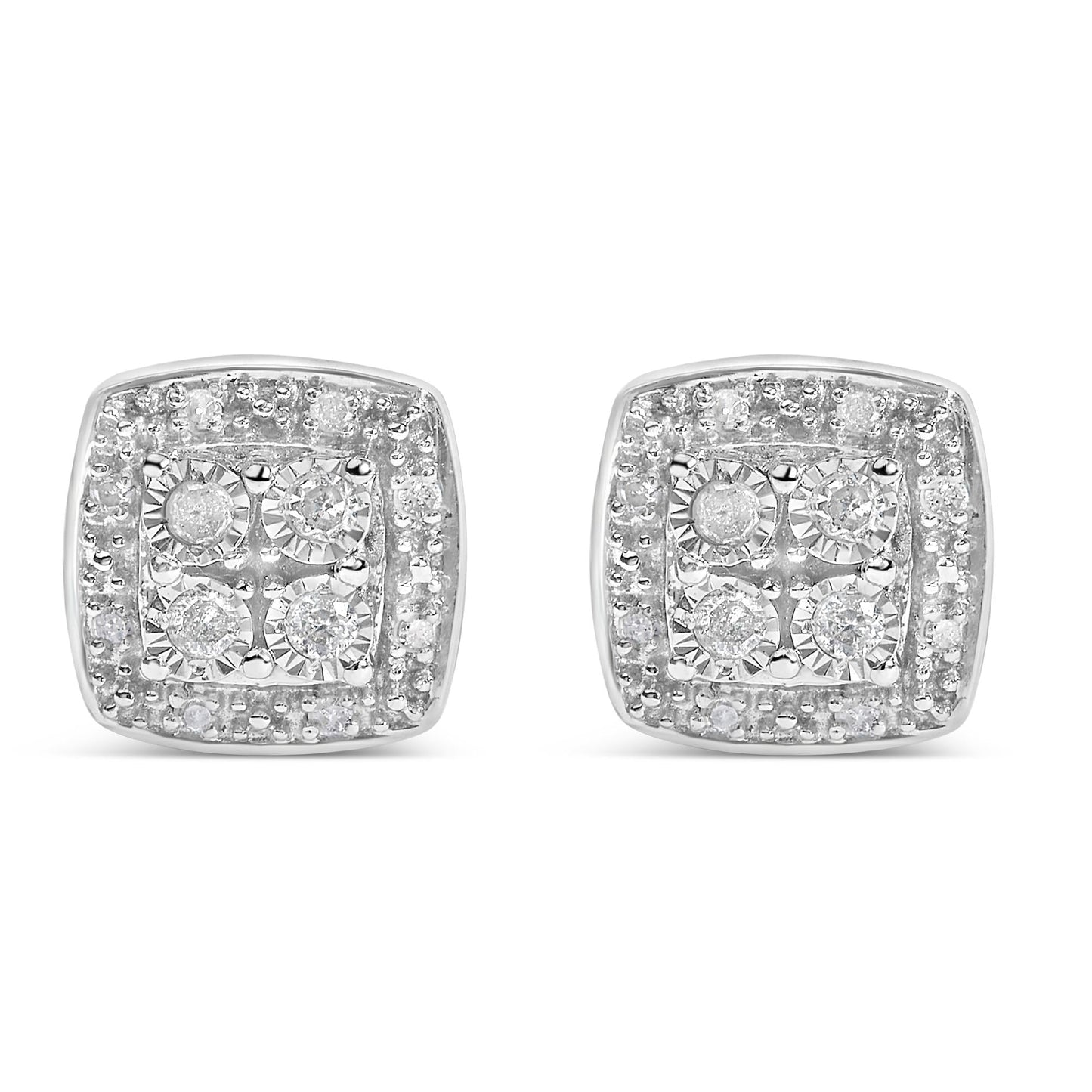 .925 Sterling Silver 1/4 cttw Round Cut Diamond Square Shape Milgrain Stud Earrings (I-J Color, I3 Clarity)-0