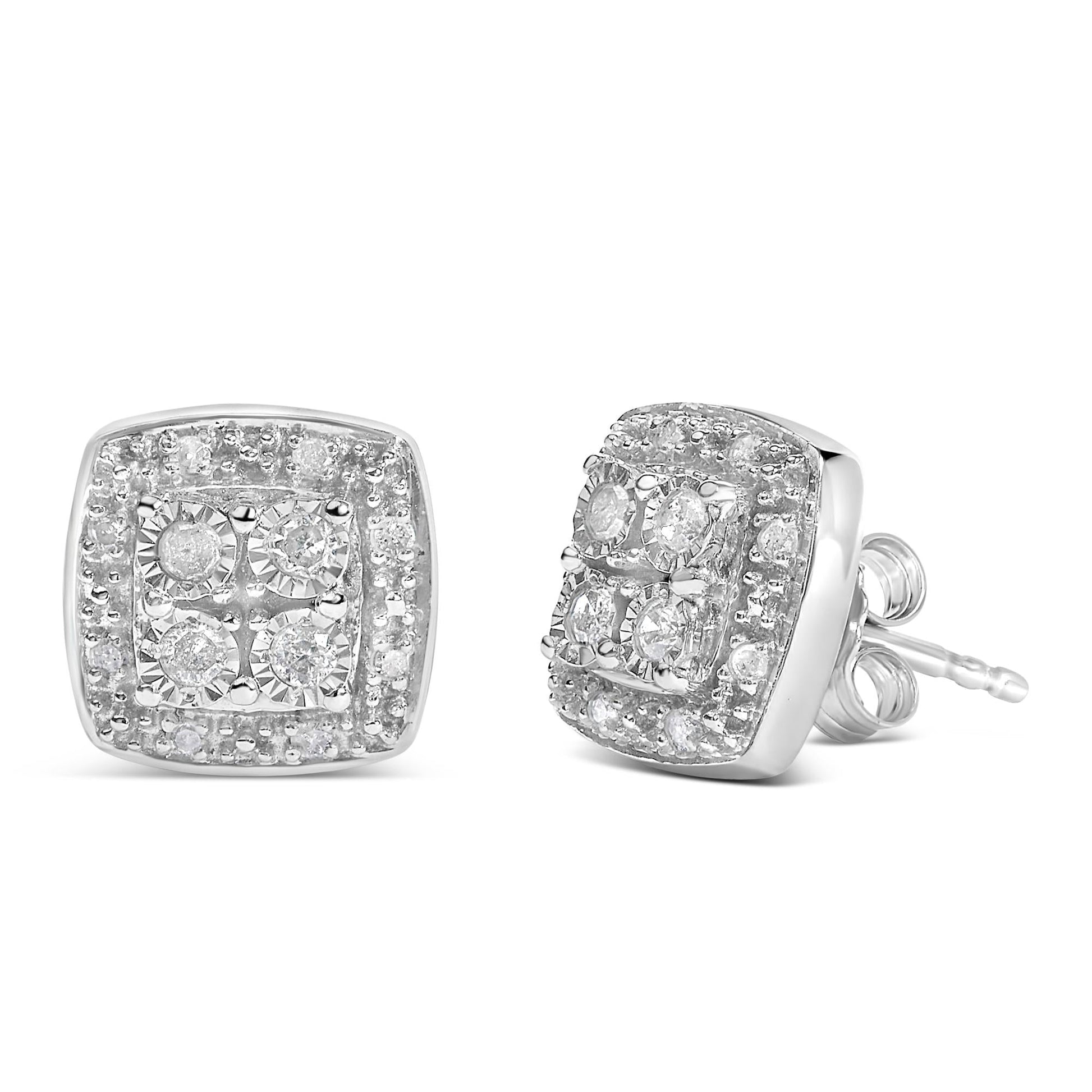 .925 Sterling Silver 1/4 cttw Round Cut Diamond Square Shape Milgrain Stud Earrings (I-J Color, I3 Clarity)-1