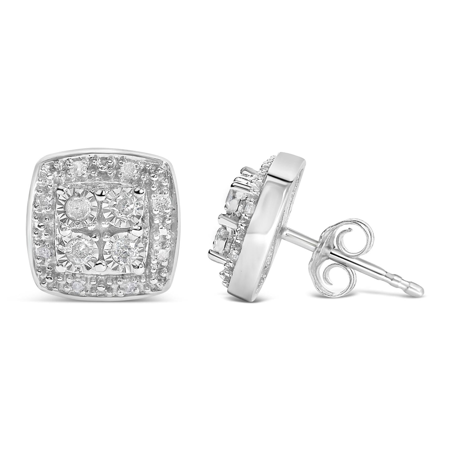 .925 Sterling Silver 1/4 cttw Round Cut Diamond Square Shape Milgrain Stud Earrings (I-J Color, I3 Clarity)-3