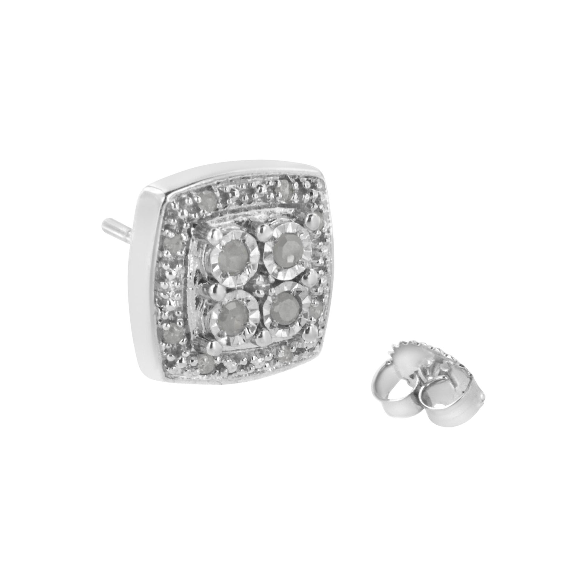.925 Sterling Silver 1/4 cttw Round Cut Diamond Square Shape Milgrain Stud Earrings (I-J Color, I3 Clarity)-4