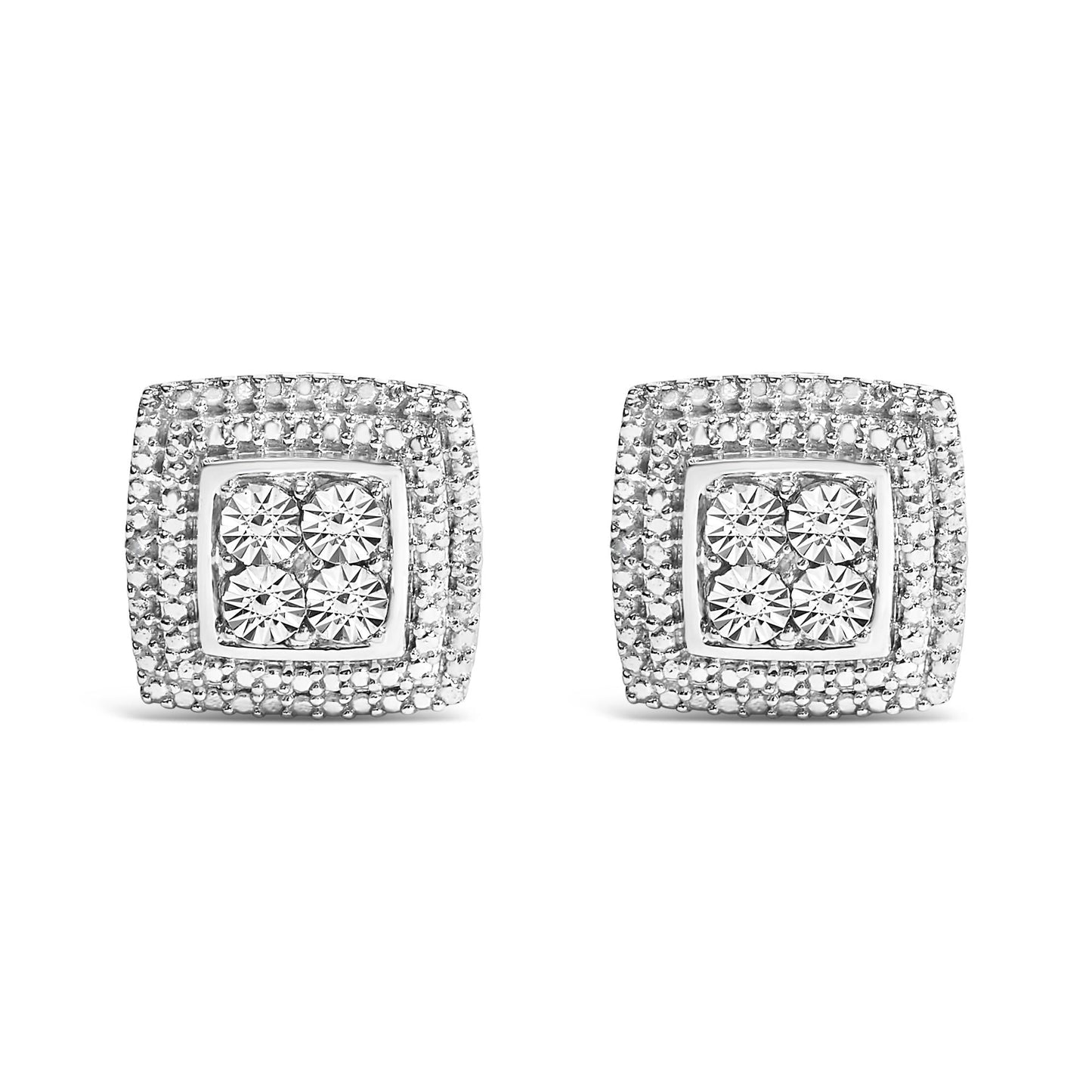 .925 Sterling Silver Diamond Accented Square Shaped Milgrain Stud Earrings (I-J Clarity, I3 Color)-0