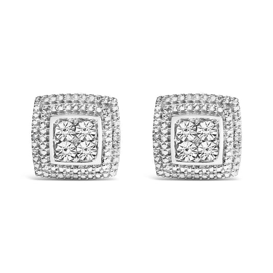 .925 Sterling Silver Diamond Accented Square Shaped Milgrain Stud Earrings (I-J Clarity, I3 Color)-0