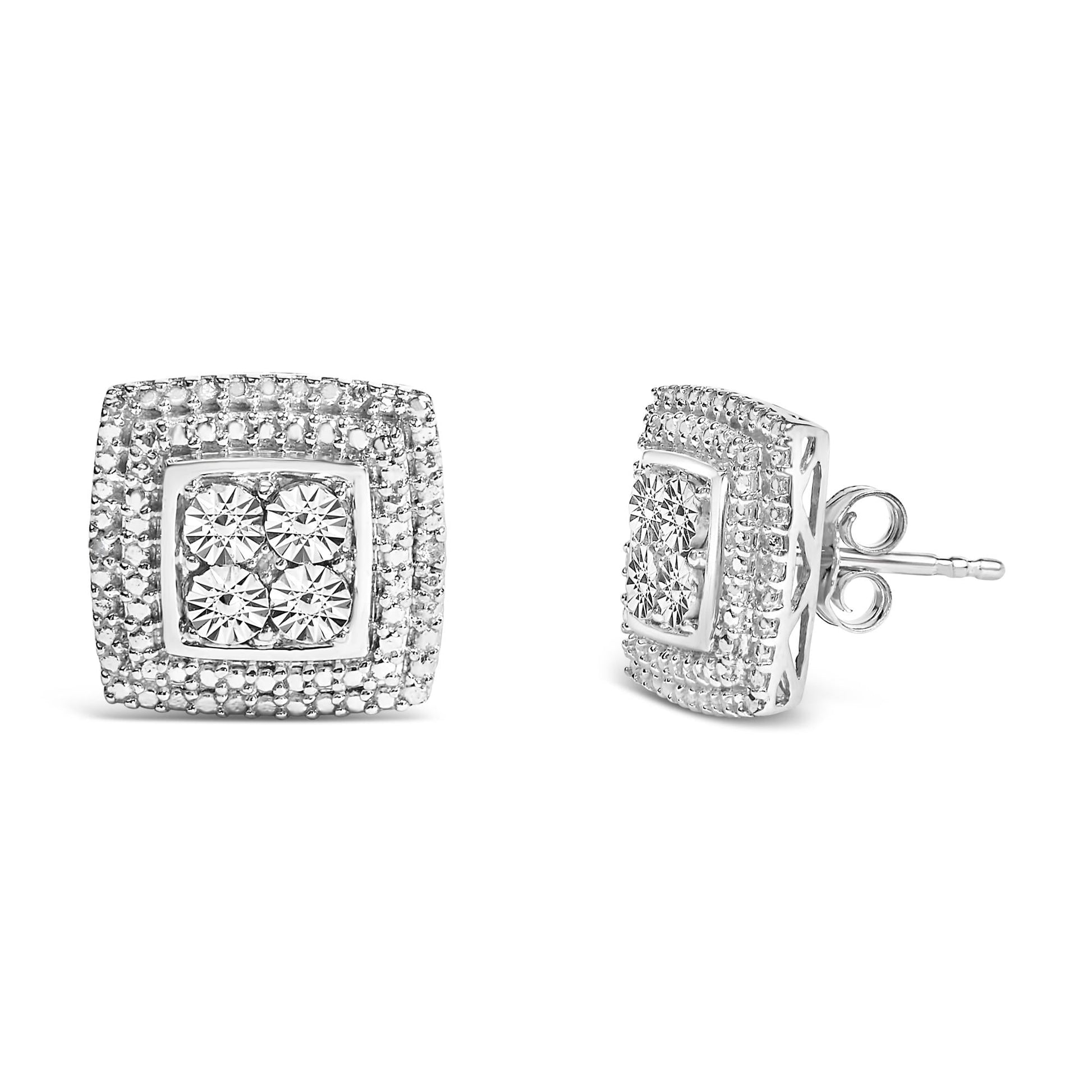 .925 Sterling Silver Diamond Accented Square Shaped Milgrain Stud Earrings (I-J Clarity, I3 Color)-2
