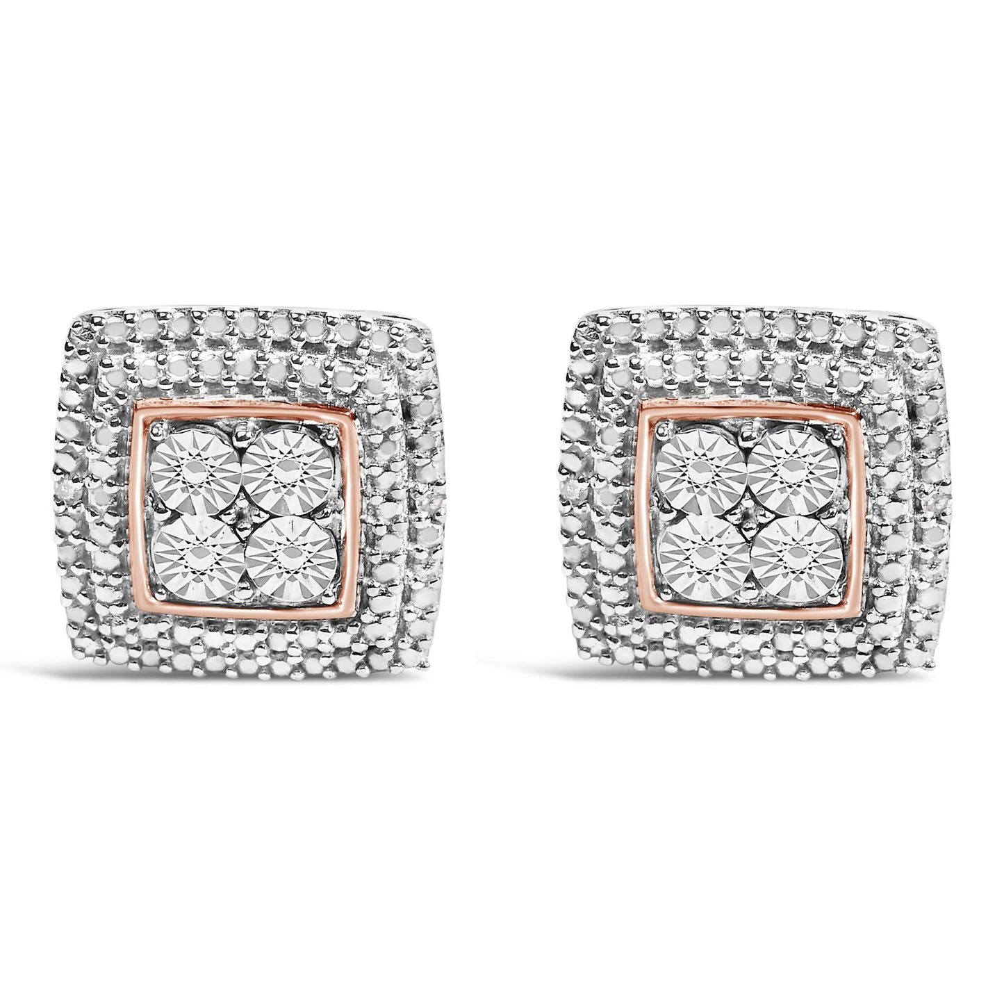 .925 Sterling Silver Diamond Accented Square Shaped Milgrain Stud Earrings (I-J Clarity, I3 Color)-1