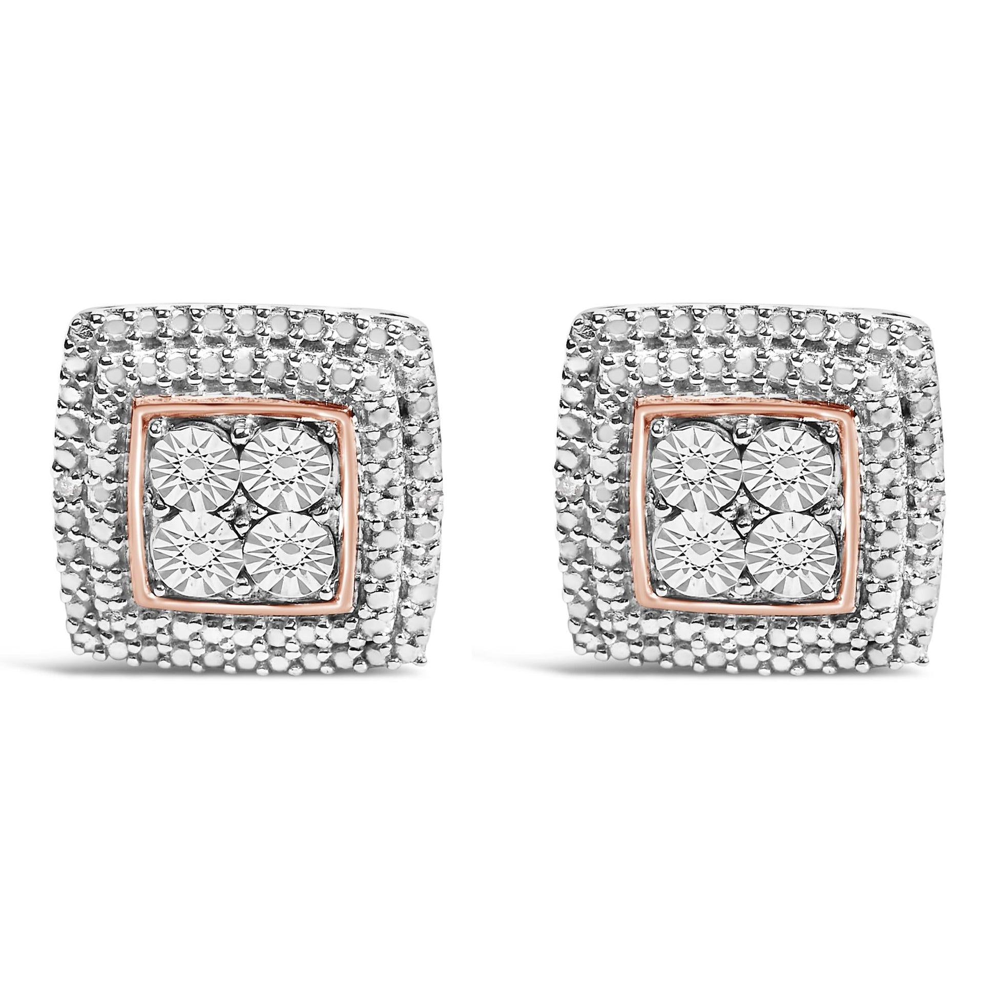 .925 Sterling Silver Diamond Accented Square Shaped Milgrain Stud Earrings (I-J Clarity, I3 Color)-1