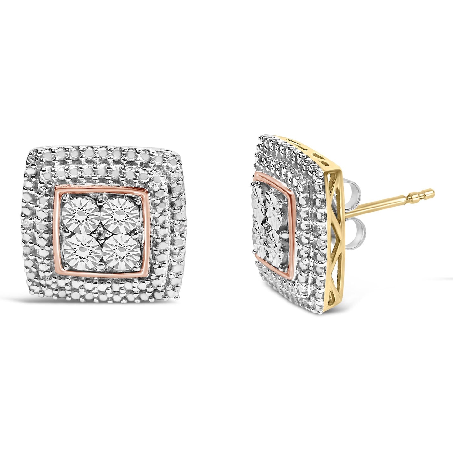 .925 Sterling Silver Diamond Accented Square Shaped Milgrain Stud Earrings (I-J Clarity, I3 Color)-3