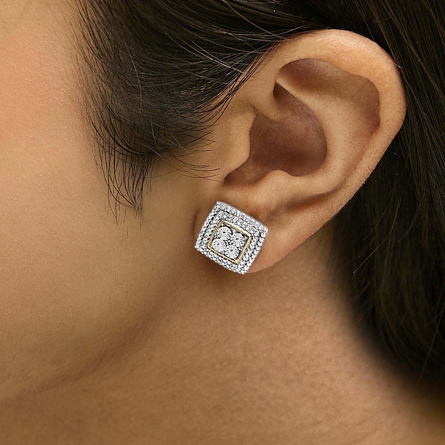 .925 Sterling Silver Diamond Accented Square Shaped Milgrain Stud Earrings (I-J Clarity, I3 Color)-4